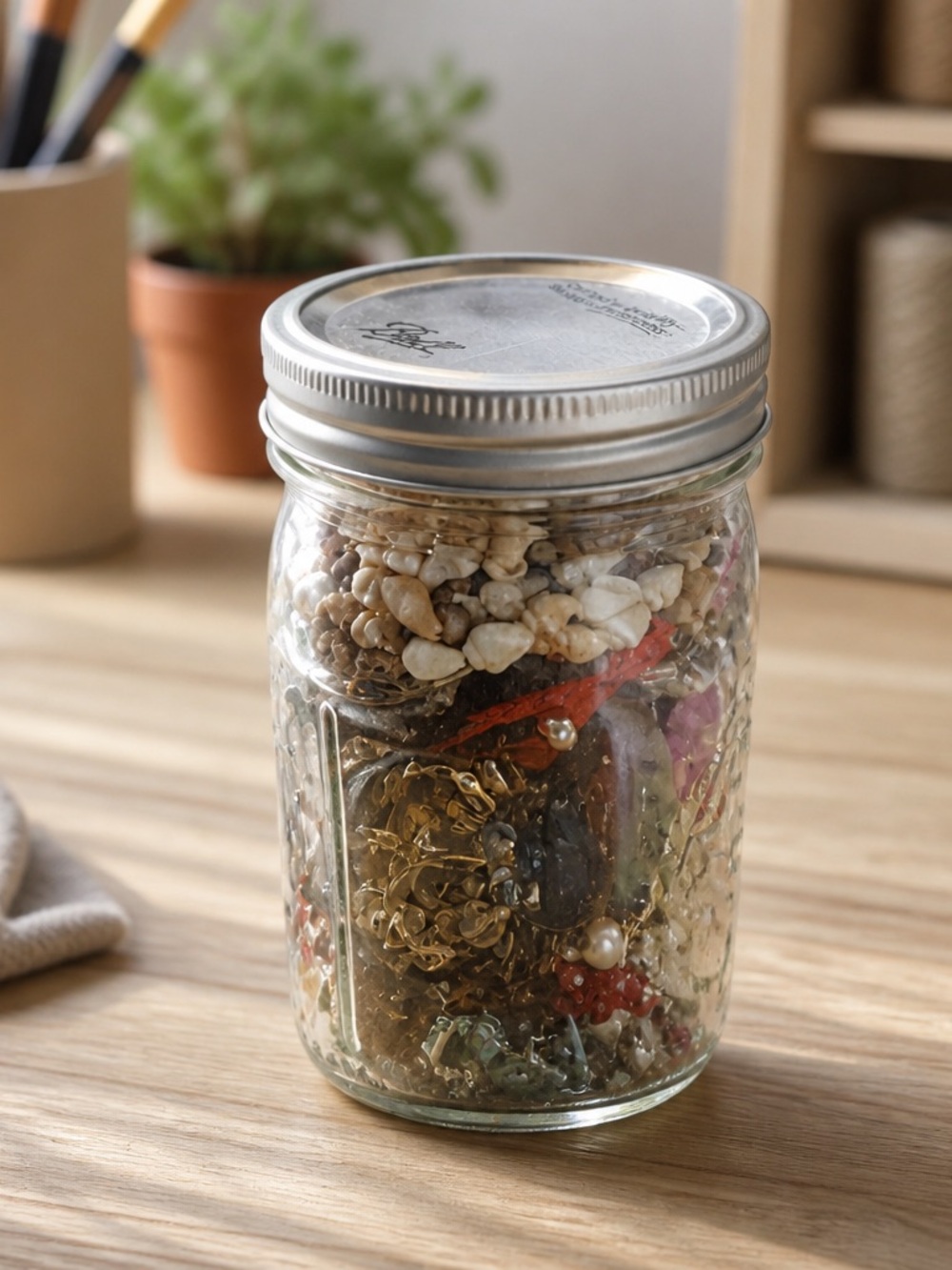 Large Glass Mason Jar Filled with Mixed Jewelry and Decorative Stones